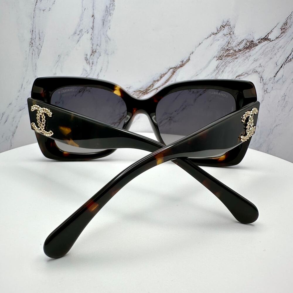 New CHANEL Sunglasses Brown Acetate Tortoise Square Gold Metal Chain CC - Picture 13 of 16